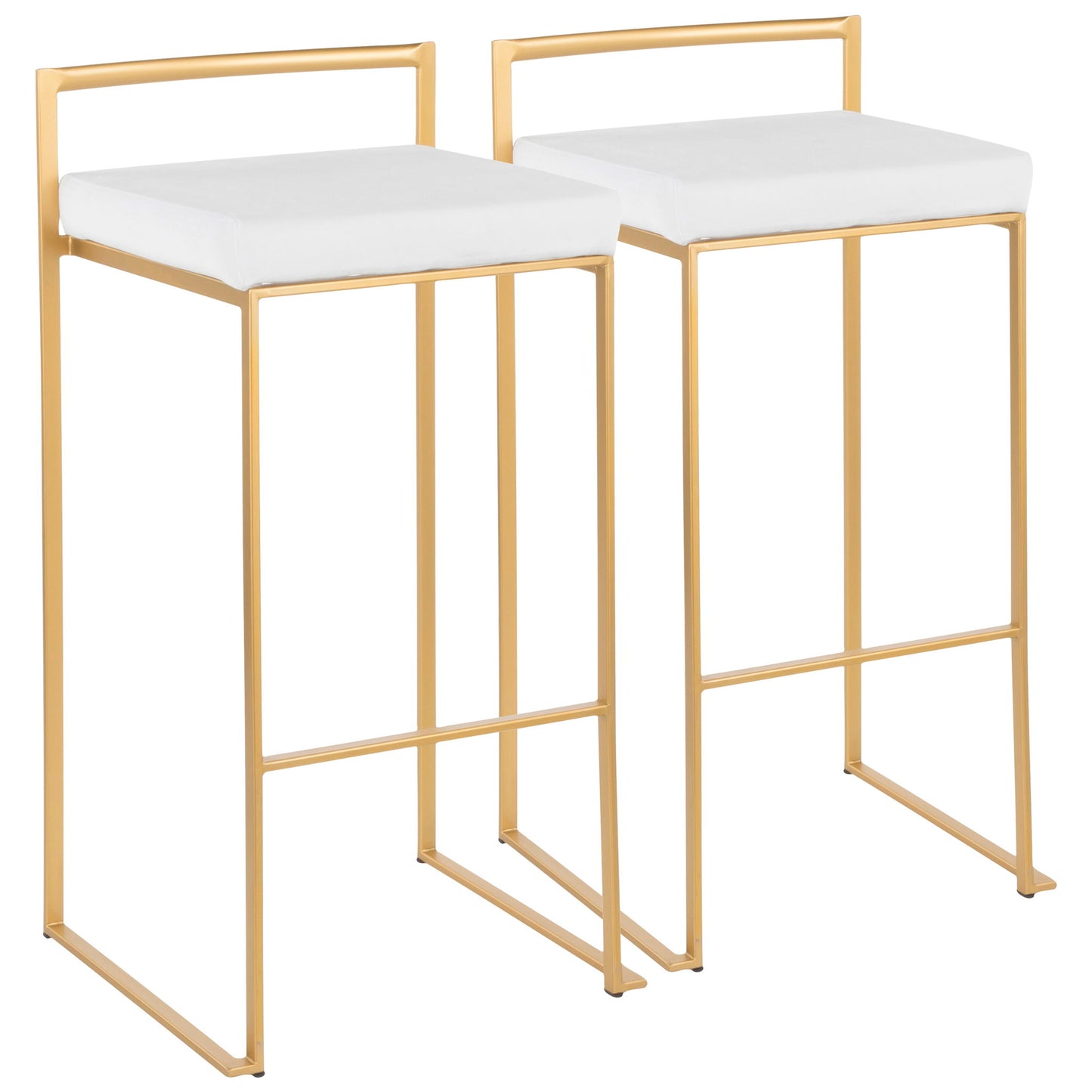 The Fuji barstool features a contemporary glam design with gold metal frame, square white cushioned seat, backrest, and footrest. Two stools are displayed side by side on a white background, showcasing quality construction and modern style.