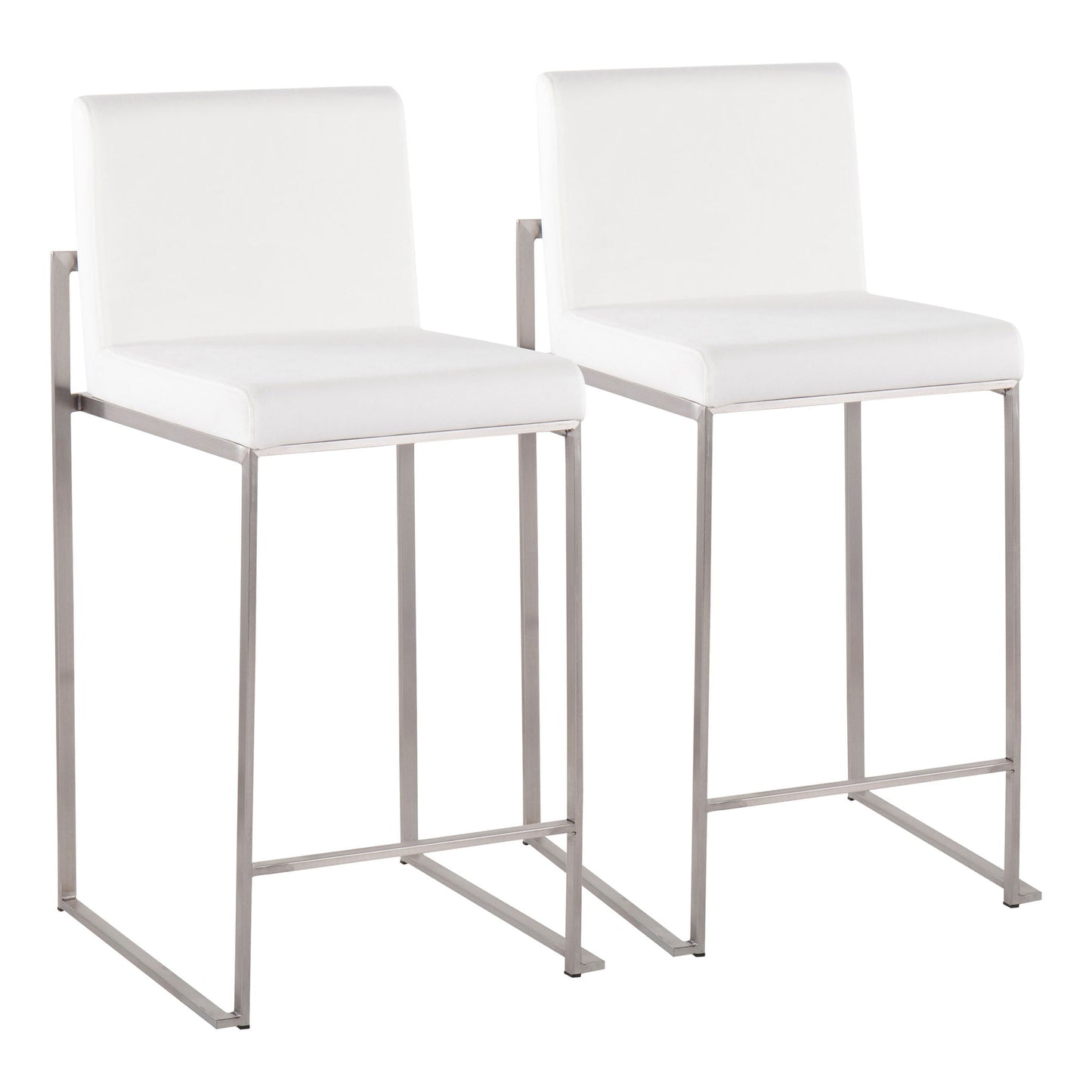 The Fuji Contemporary High Back Counter Stool features sleek metal legs and white cushioned seats and backs, offering a functional minimalist design. Two stools are displayed side by side against a white background.