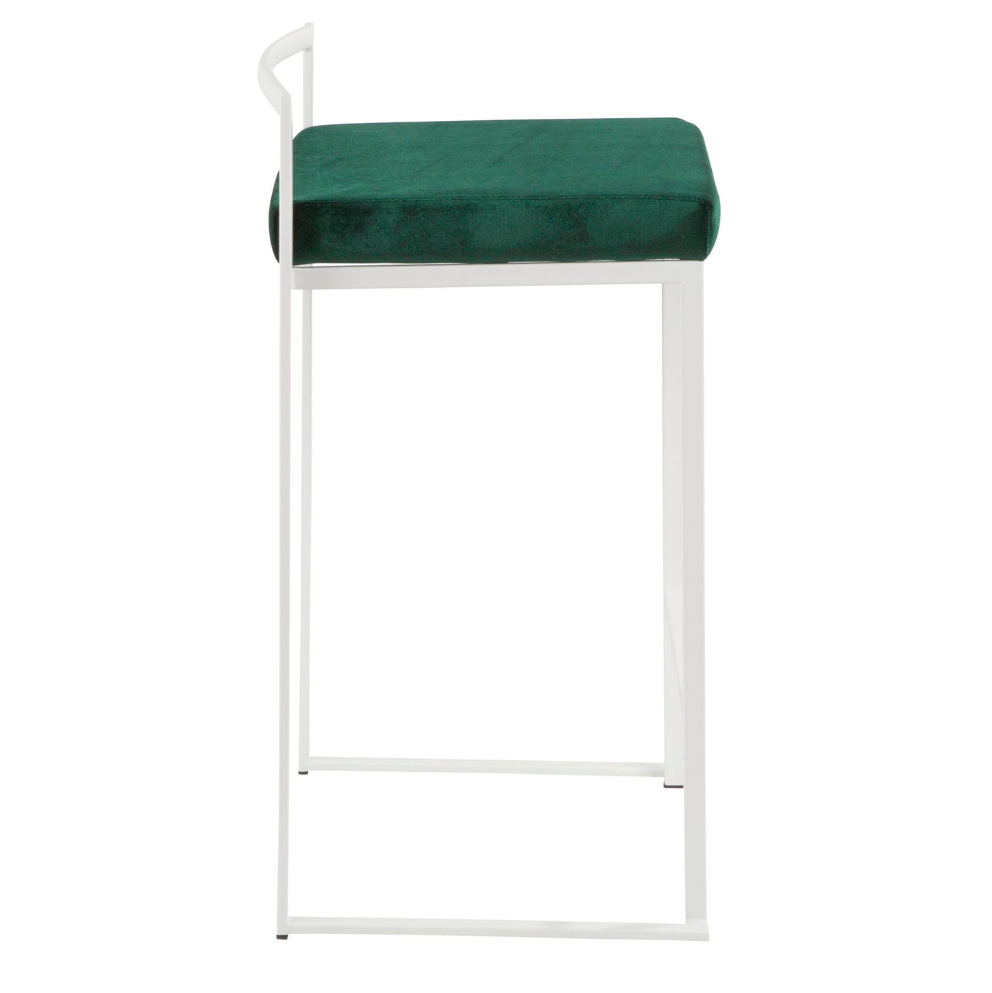 The Fuji - Simple Elegance, Contemporary Stackable Counter Stool features a green cushioned seat and a minimalistic white metal frame, displayed from a side view.