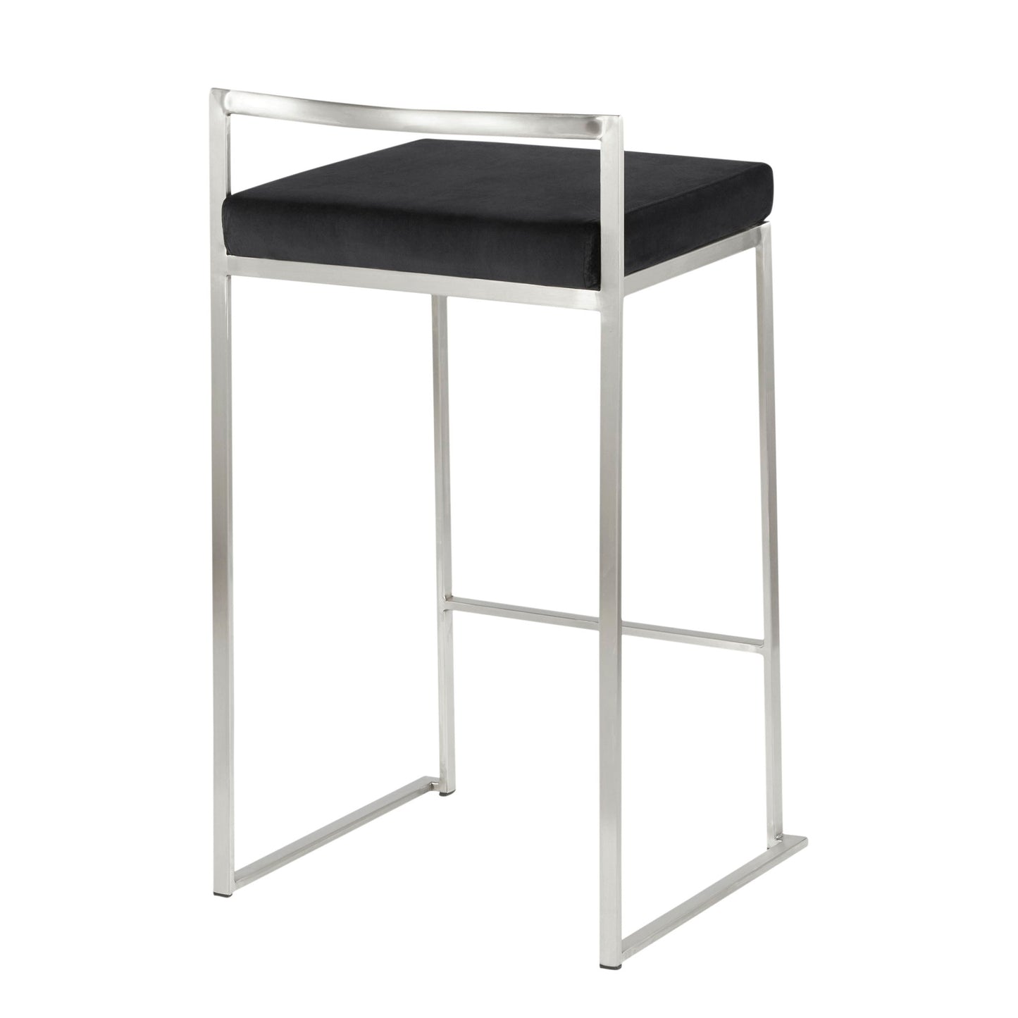 The Fuji - Contemporary Elegant Stackable Counter Stool Set features a minimalist, modern design with a brushed metal frame, open back, and rectangular black cushioned seat. Clean lines and industrial style are showcased against a white background.