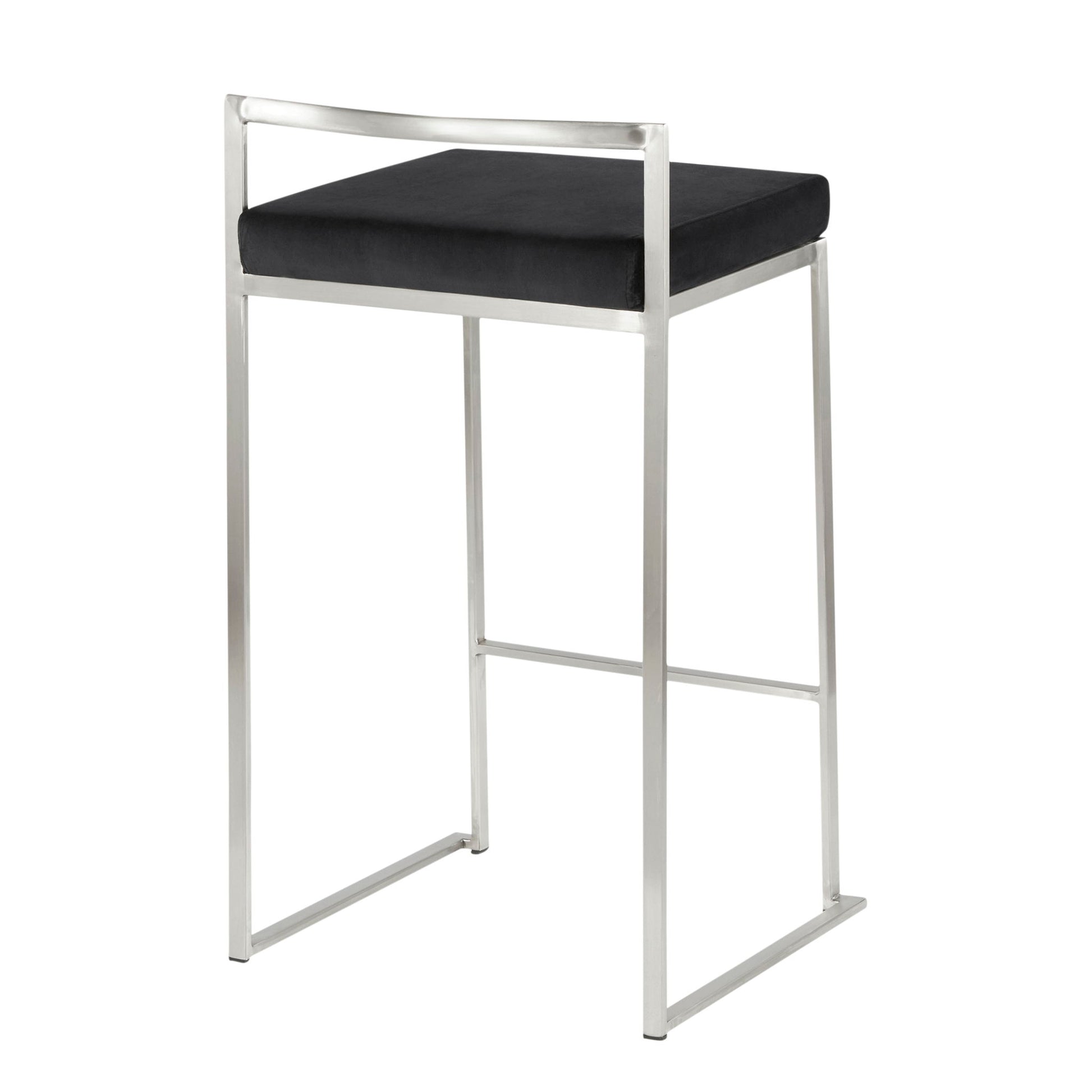The Fuji - Contemporary Elegant Stackable Counter Stool Set features a minimalist, modern design with a brushed metal frame, open back, and rectangular black cushioned seat. Clean lines and industrial style are showcased against a white background.