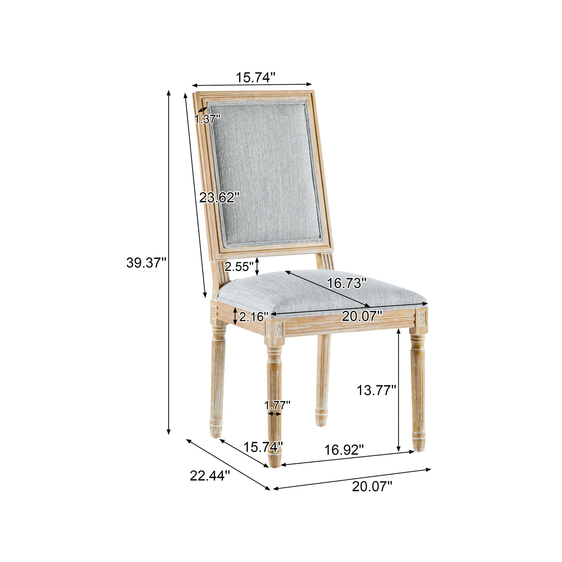The French Country Style Dining Chair features light gray upholstered seat and backrest, fluted legs, and displays height, width, depth, and seat/back dimensions with arrows and inch measurements.
