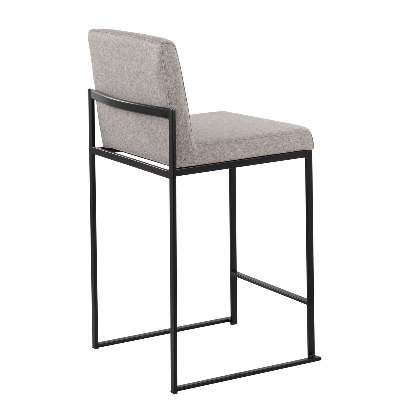 The Fuji - Contemporary Modern Elegance High Back Counter Stool features a light gray cushioned seat and backrest, supported by a sleek black metal frame with open sled-style legs. Shown angled against a white background.