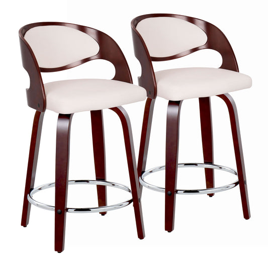 The Pino Mid Century Modern Fixed Height Barstool set features two bar stools with dark wooden frames, curved backrests, light beige cushioned seats, and a round chrome footrest connecting the four legs. Each stool also swivels.