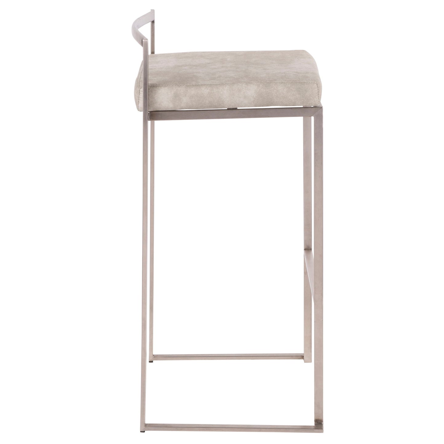 Side view of the Fuji barstool, featuring a contemporary stackable design with a metal frame, thin rectangular base, lightly cushioned beige seat, and minimalist metal backrest.