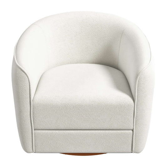 The Elise Mid-Century Modern Swivel Chair features a rounded white design, soft textured fabric, and a curved backrest, shown from the front against a white background.