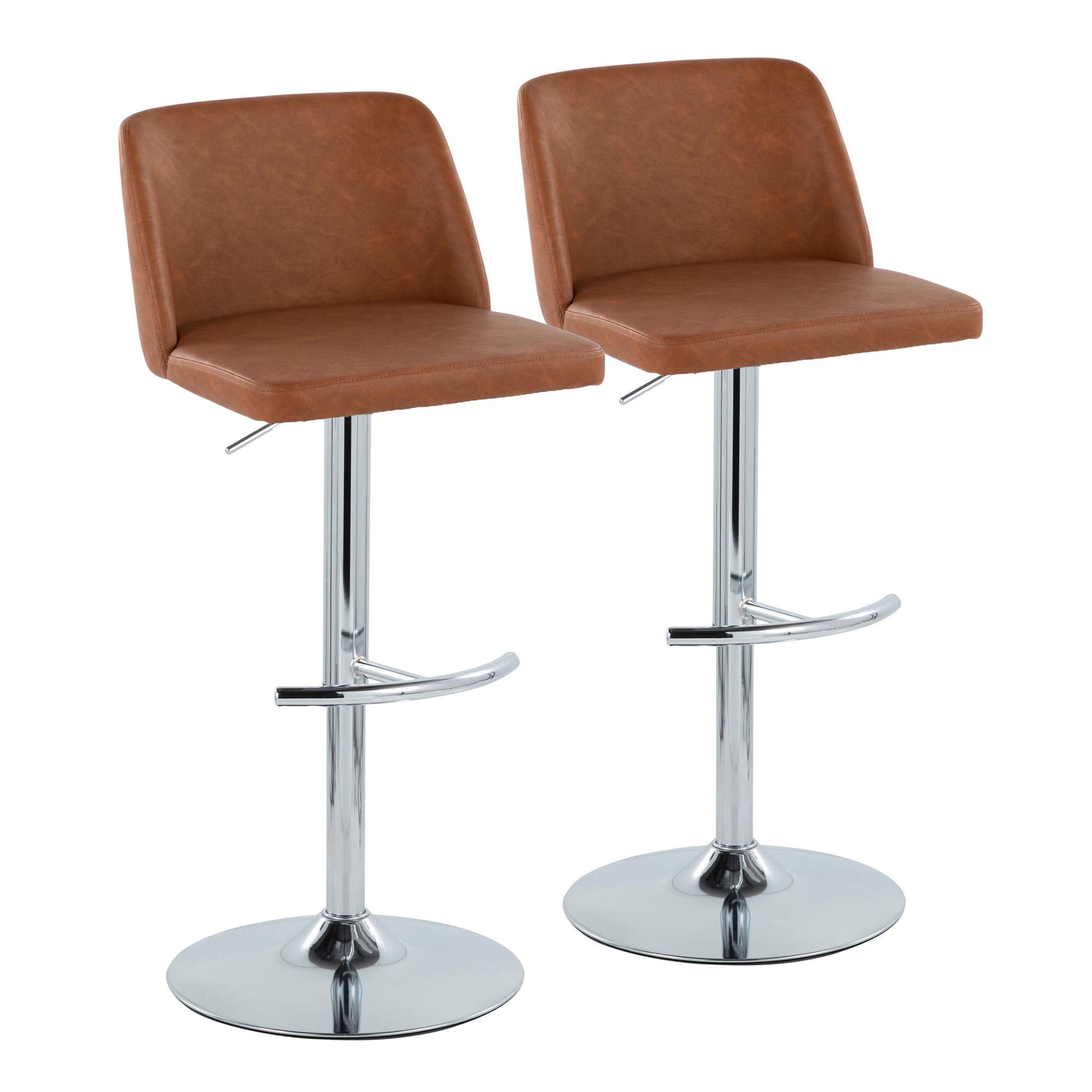 A set of two Toriano Contemporary Adjustable Barstools with swivel seats, brown cushions, rounded T footrests, and round chrome bases are placed side by side against a white background.