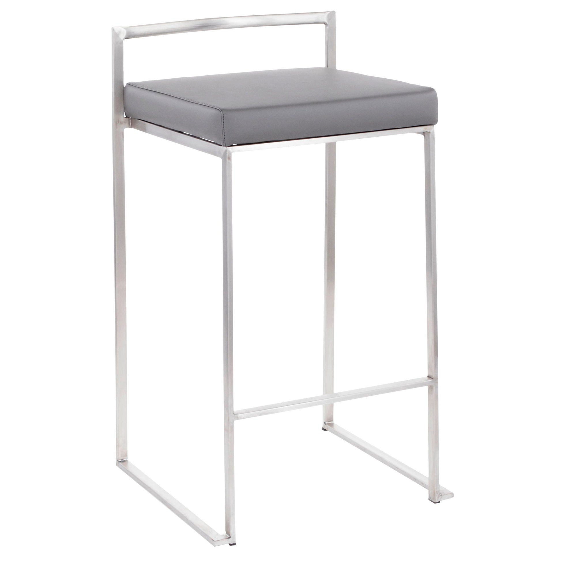 The Fuji - Contemporary Elegant Stackable Counter Stool Set features a sleek metal frame, low backrest, and square padded gray seat for a modern look.