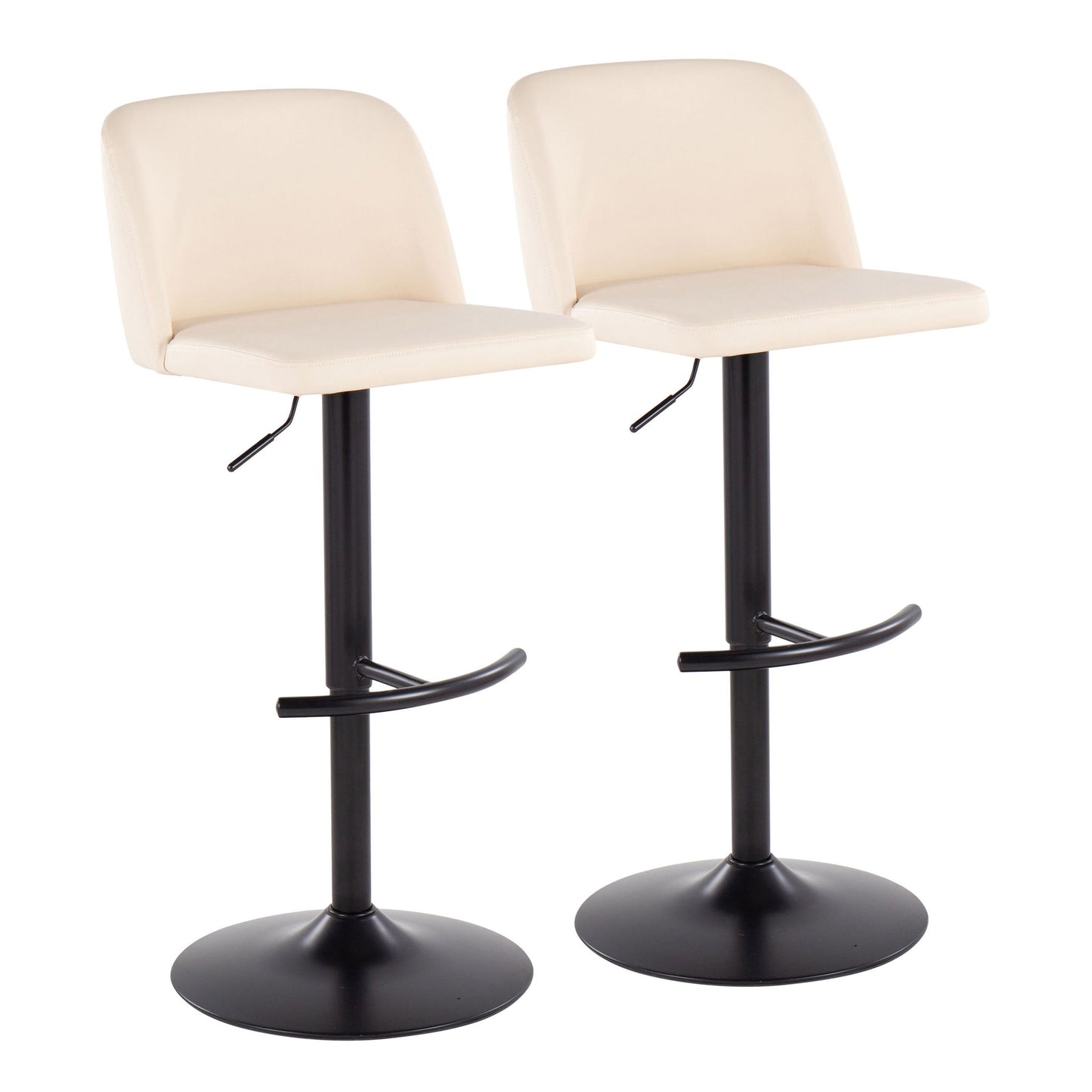 The Toriano Contemporary Adjustable Bar Stools (Set of 2) feature cream cushioned seats and backs, black metal adjustable-height bases, and rounded T footrests, shown side by side against a white background.