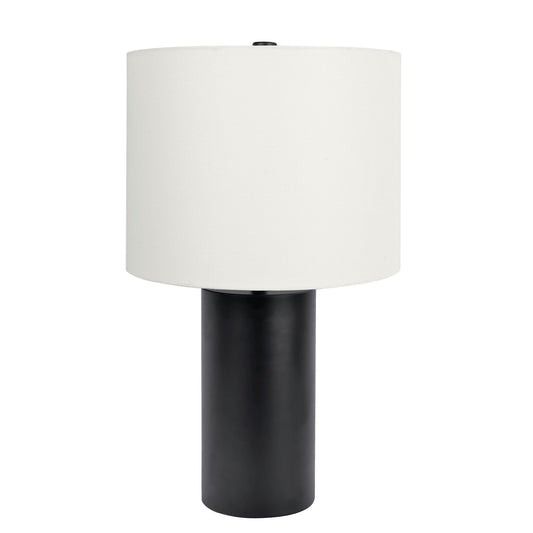 The Aura Table Lamp features a black block base with an on/off switch and a large round white lampshade, showcased against a plain white background.