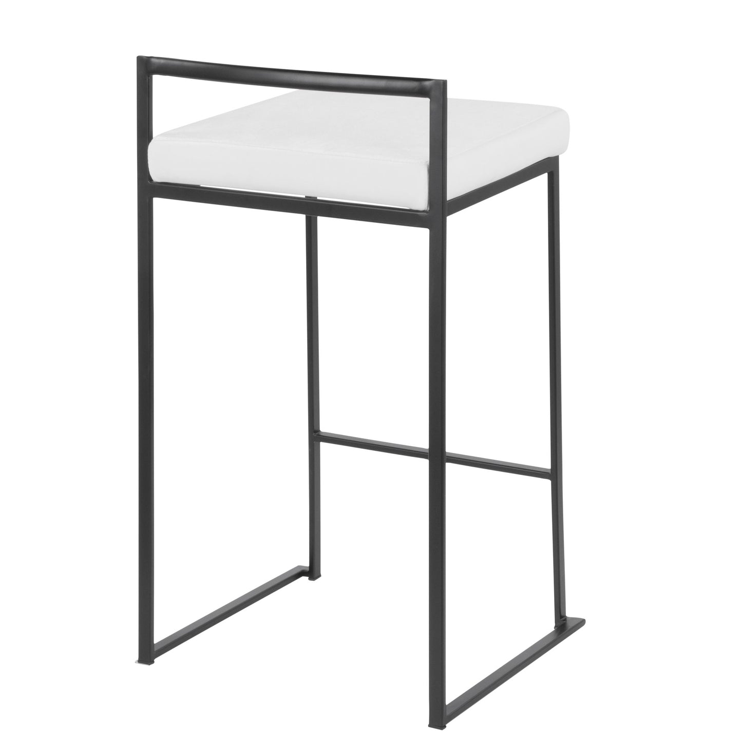 The Fuji - Contemporary Style Stackable Counter Stool features a black metal frame, a white cushioned seat, minimalist design, and a low rectangular backrest.