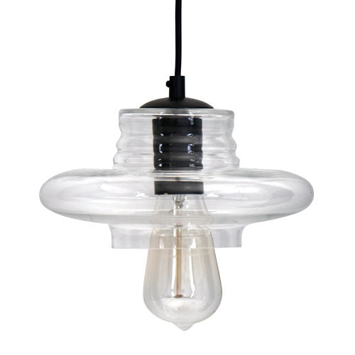 The Torus - Saucer Industrial Pendant - Clear features a round, double-layered clear glass shade that reveals the bulb inside, suspended from a black cord against a white background.