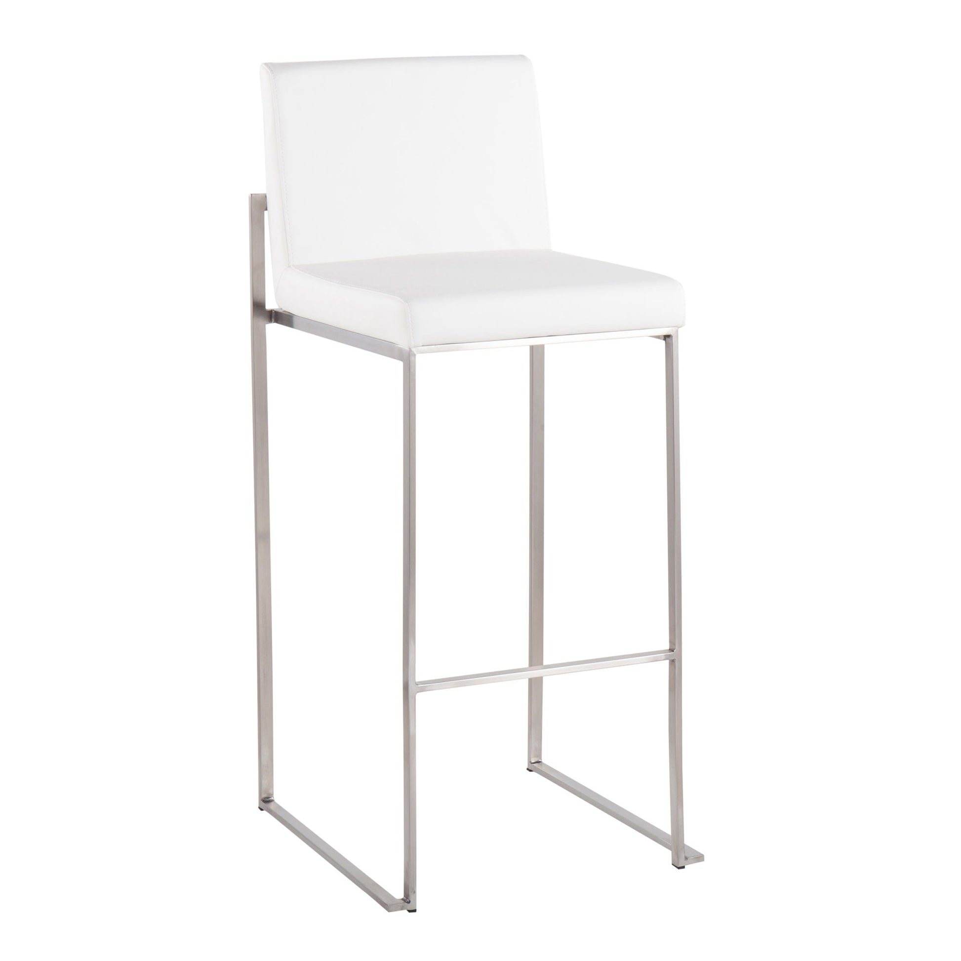 The Fuji - Contemporary And Modern Elegance High Back Barstool features a white cushioned seat and backrest with sleek metal legs and a footrest, offering minimalist style for modern spaces.