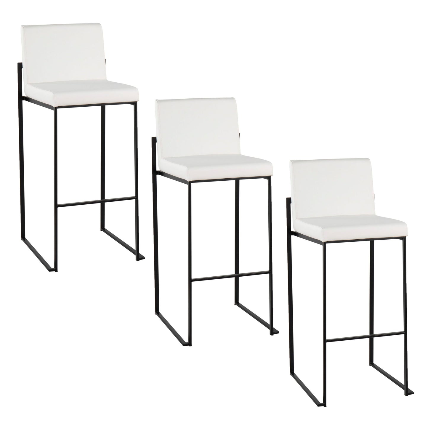 Three Fuji Contemporary High Back Barstools, elegant design with white cushioned seats and minimalist black frames, are arranged in a staggered descending row left to right.