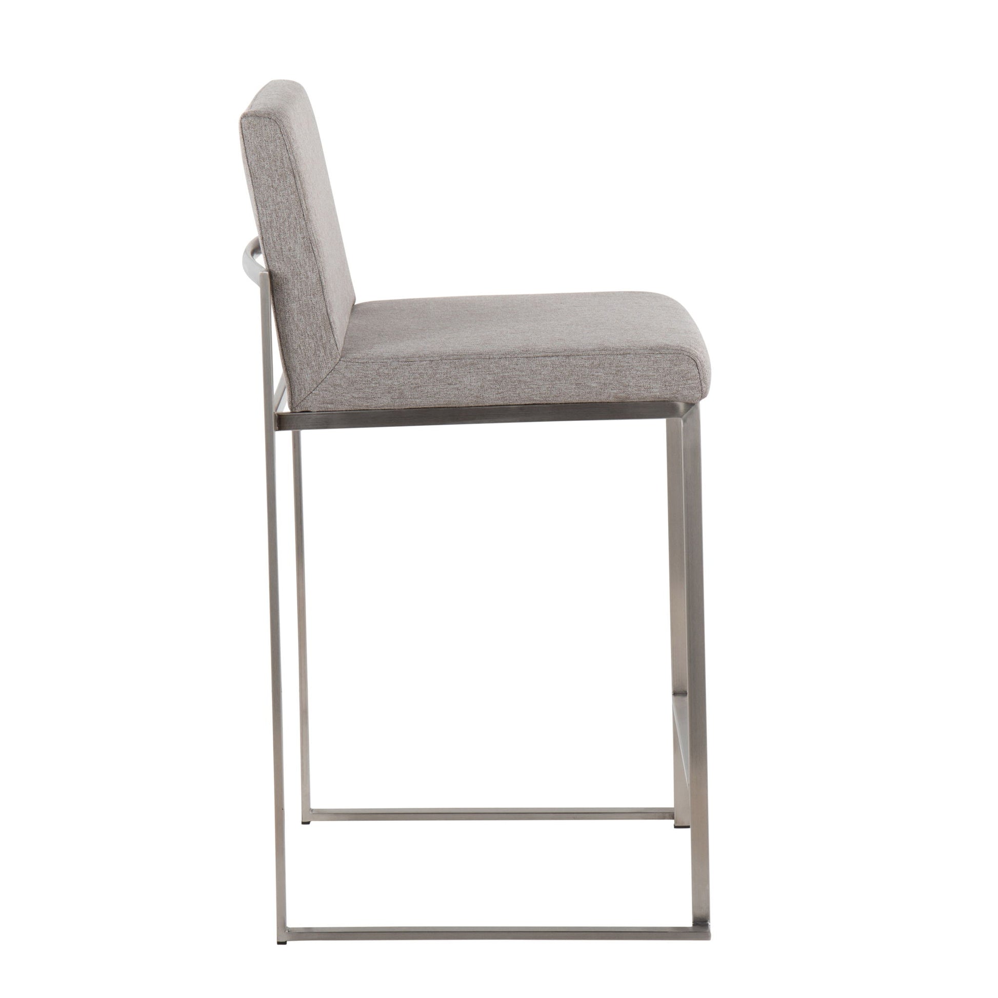 Side view of the Fuji - Contemporary High Back Counter Stool features a gray cushioned seat and backrest, supported by a sleek minimalist metal frame with clean lines for a functional design.