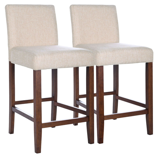 The Dorian Counter Chair set includes two beige upholstered stools with backs, featuring dark wooden legs and footrests, shown side by side on a white background.