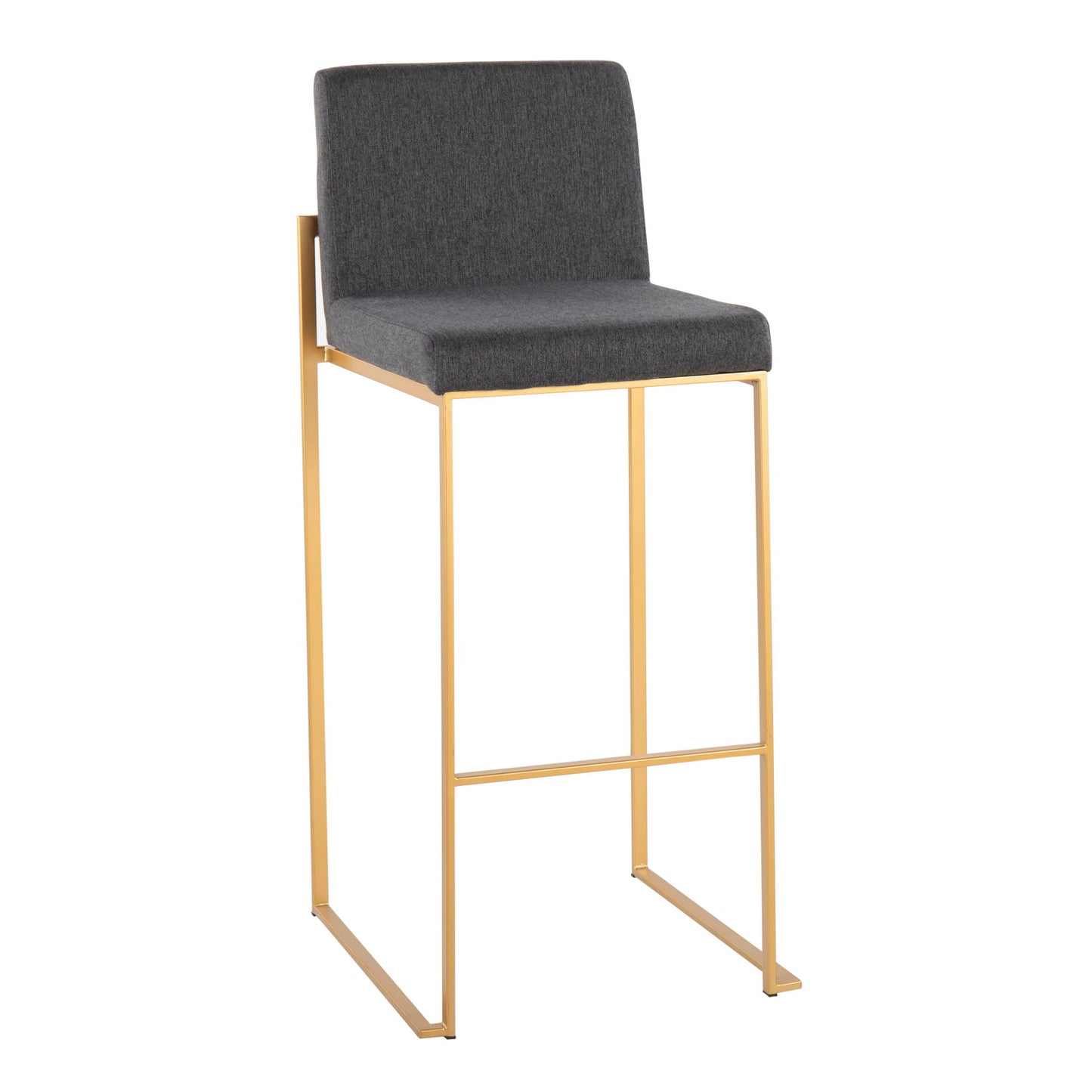 The Fuji Contemporary Design High Back Barstool (Set of 2) features a gray upholstered seat and backrest, supported by a sleek gold metal frame with minimalist style.