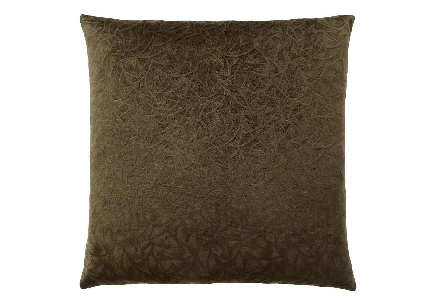 Square, dark brown decorative throw pillow with insert included features a subtle embossed leaf pattern in varying shades for added texture and depth; hypoallergenic and modern design.