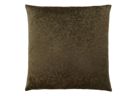 Square, dark brown decorative throw pillow with insert included features a subtle embossed leaf pattern in varying shades for added texture and depth; hypoallergenic and modern design.