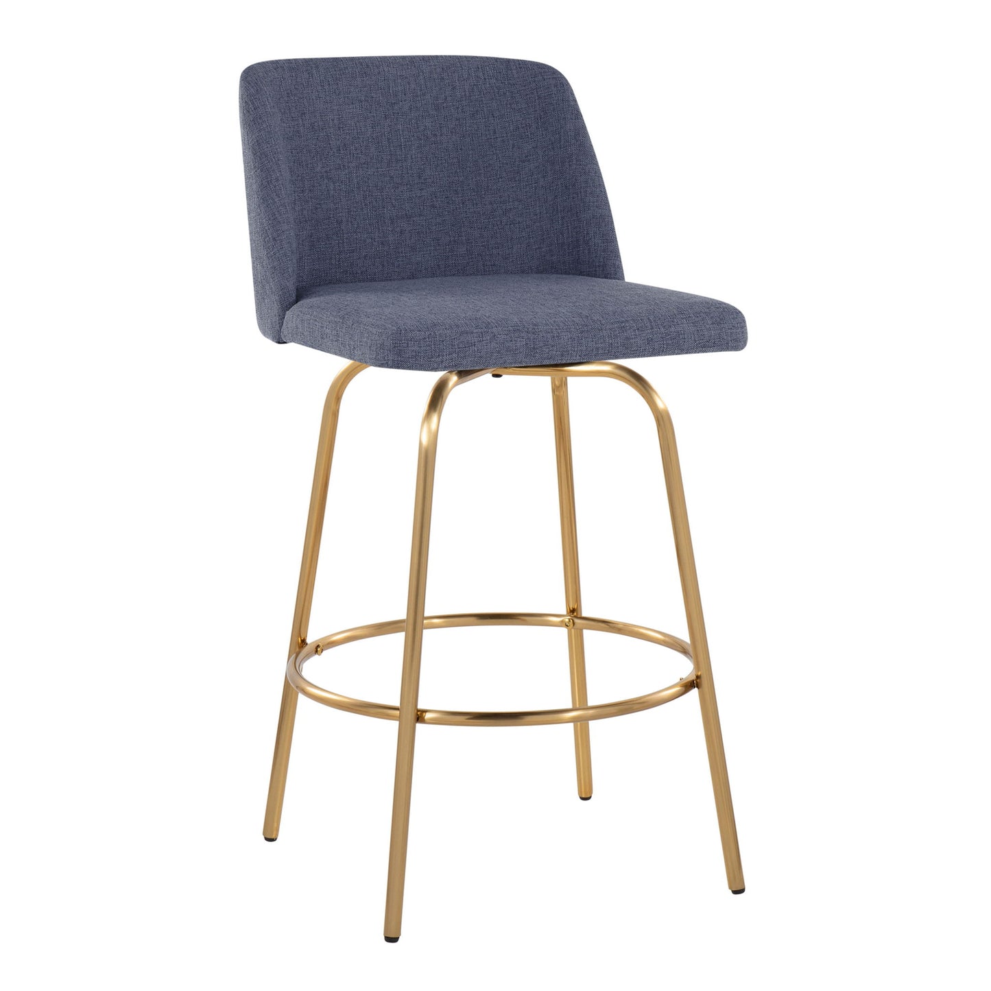 The Toriano set includes two contemporary fixed-height counter stools with swivel, blue upholstered seats and backrests, gold metal legs, and a round footrest.