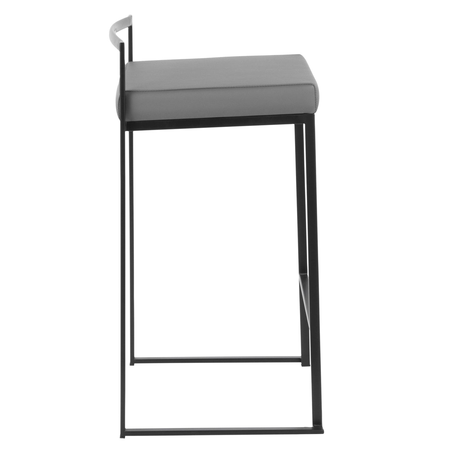 The Fuji Contemporary Style Stackable Counter Stool features a thin metal frame, low backrest, and rectangular gray cushioned seat, displayed in side view against a white background.