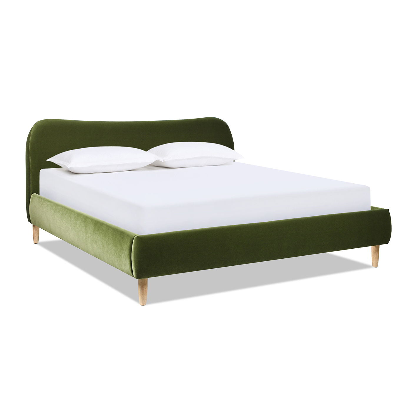 The Roman Curved Headboard Upholstered Platform Bed features a green upholstered frame, light wooden legs, a curved headboard, and comes with two white pillows on a white mattress, all set against a plain white background.