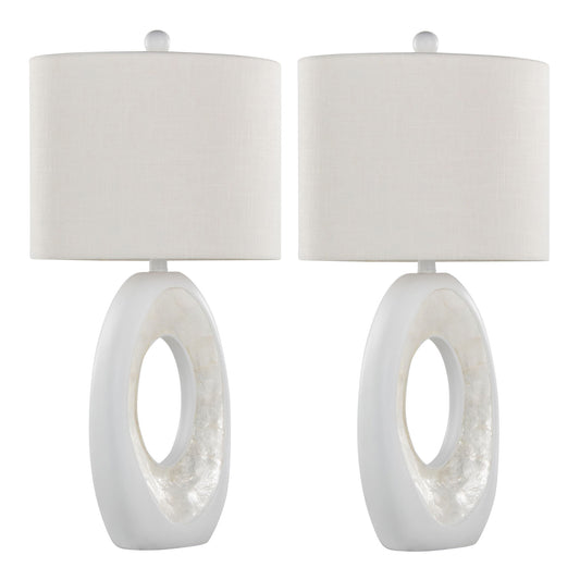 Set of 2 Pearl - Contemporary Table Lamps in matte white with natural shell accents, featuring oval bases with hollow centers and cylindrical white fabric shades.