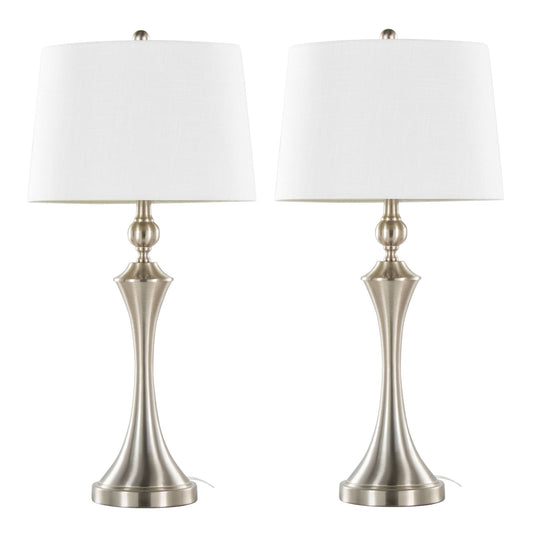 The Flint Contemporary Table Lamp set of 2 features brushed nickel bases, white drum shades, and built-in USB ports, displayed side by side against a white background.