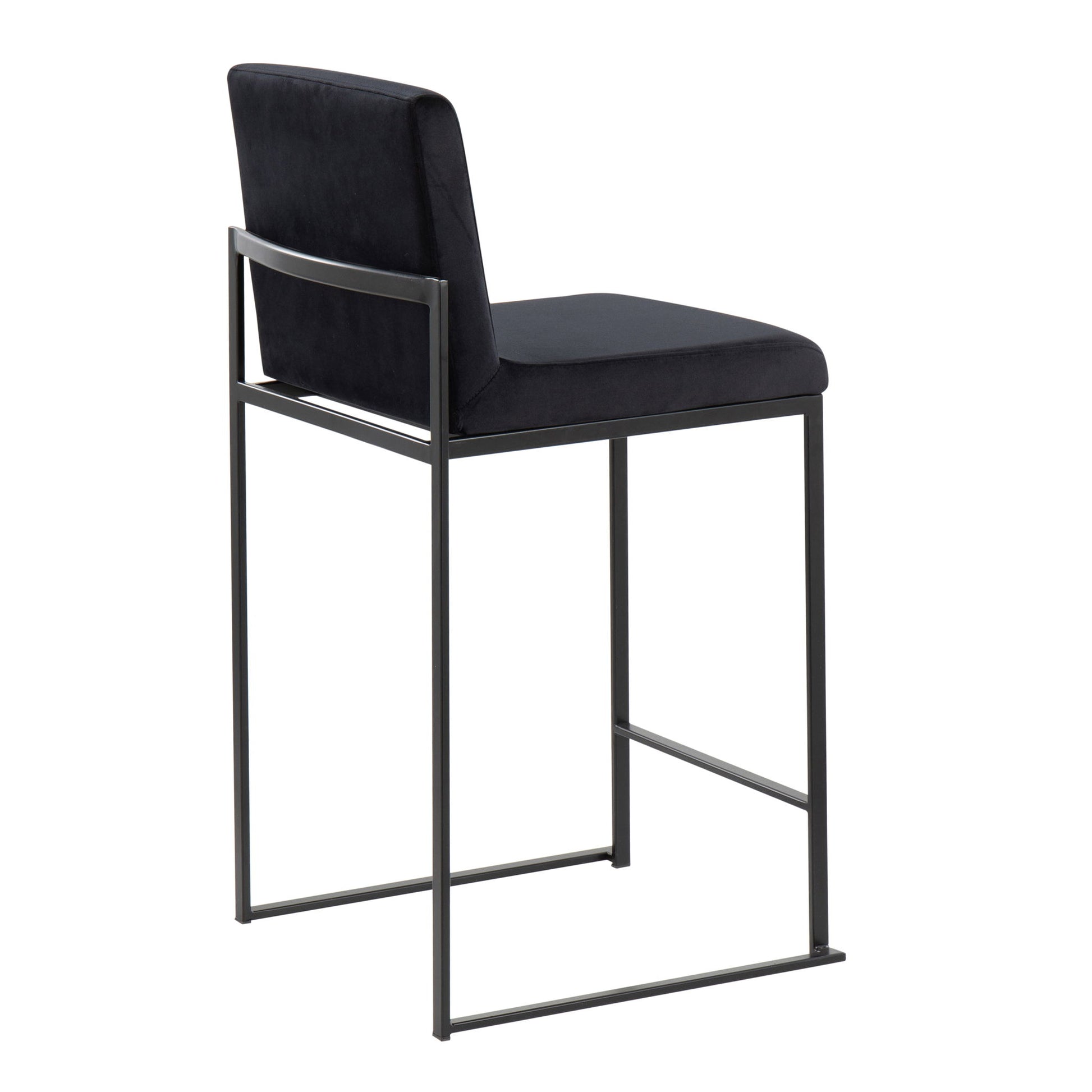 The Fuji - Contemporary Modern Elegance High Back Counter Stool features a sleek black metal frame, cushioned seat, and high backrest, displayed at an angle on a white background.