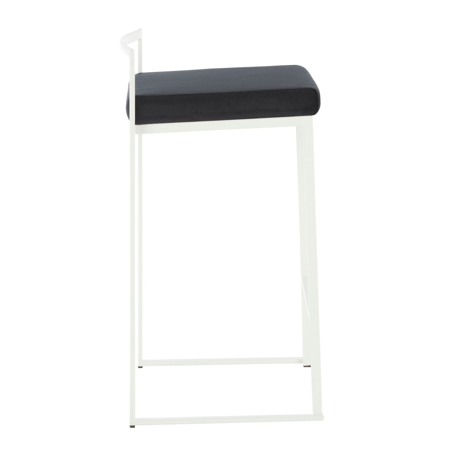 The Fuji - Simple Elegance, Contemporary Stackable Counter Stool features a black cushioned seat and minimalist white metal frame, shown from the side against a white background.
