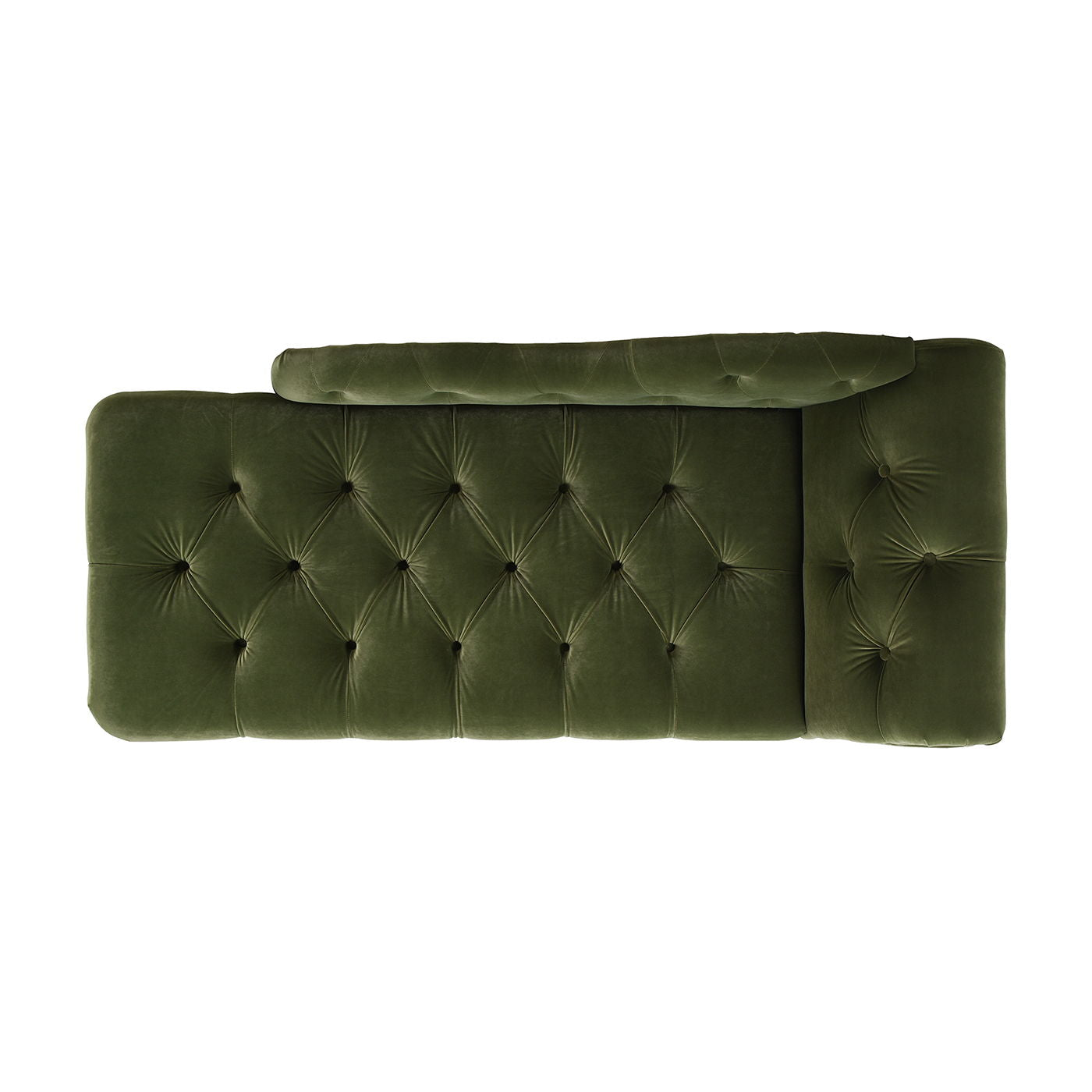 A top-down view of the Samuel - Tufted Roll Arm Chaise Lounge in green velvet, featuring a raised right armrest, button-tufted detailing, and plush upholstery for a soft, luxurious feel.