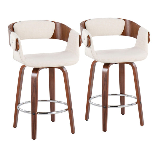 Set of 2 Elisa Mid Century Modern Counter Stools featuring wooden frames, curved backrests, beige upholstered seats, metal footrests, and four angled wooden legs for a sleek contemporary look.