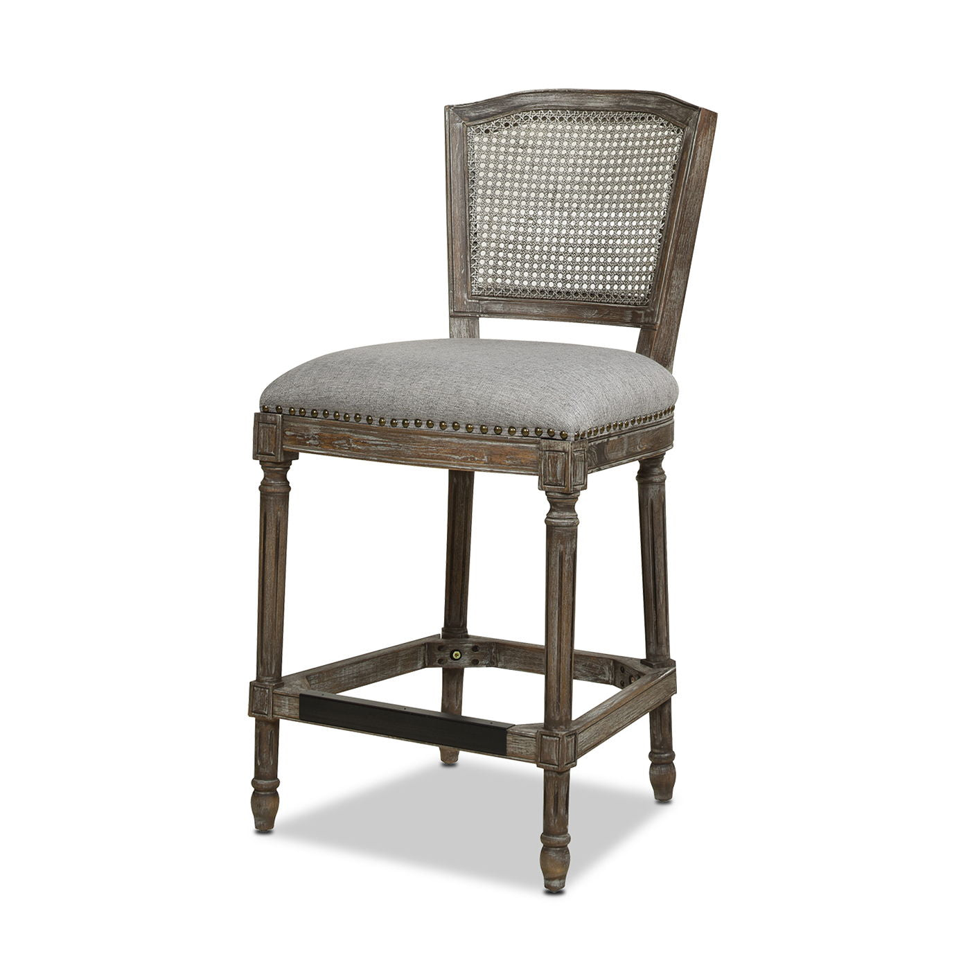The Triomphe - Rattan Wicker High Back Armless Counter Bar Stool features a woven cane backrest, gray upholstered seat, nailhead trim, and carved legs for a rustic vintage style.