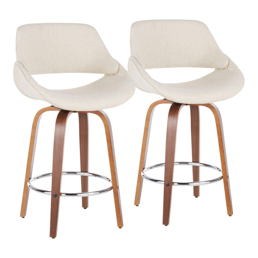 The Fabrico - Mid Century Modern Counter Stool (Set of 2) features light beige upholstered seats, curved backrests, wooden legs, and chrome footrests, shown side by side against a white background.