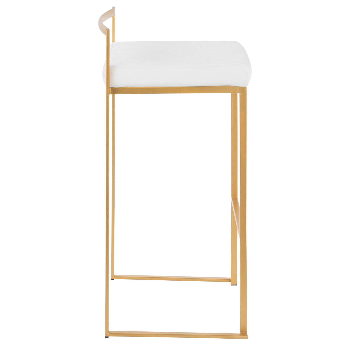 Side view of the Fuji barstool, featuring contemporary glam style with a gold metal frame, white cushioned seat, minimalist slim design, and a partially curved backrest for quality construction.