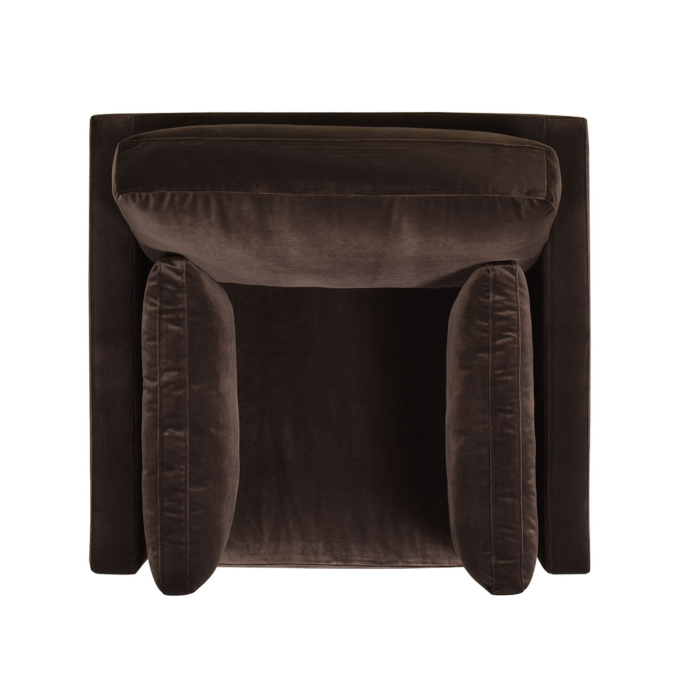 Top view of the Knox - Modern Farmhouse Arm Chair, featuring dark brown velvet upholstery, square arms, and plush cushions against a white background.