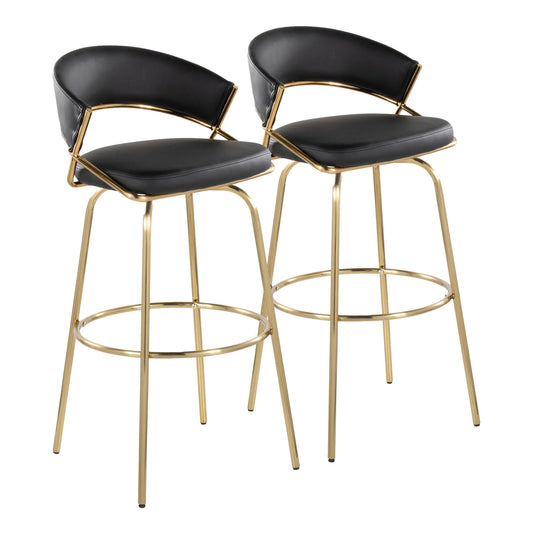 The Jie Fixed Height Contemporary Barstool (Set of 2) features gold metal legs with round footrests, black cushioned seats, and curved black backrests, shown against a white background.