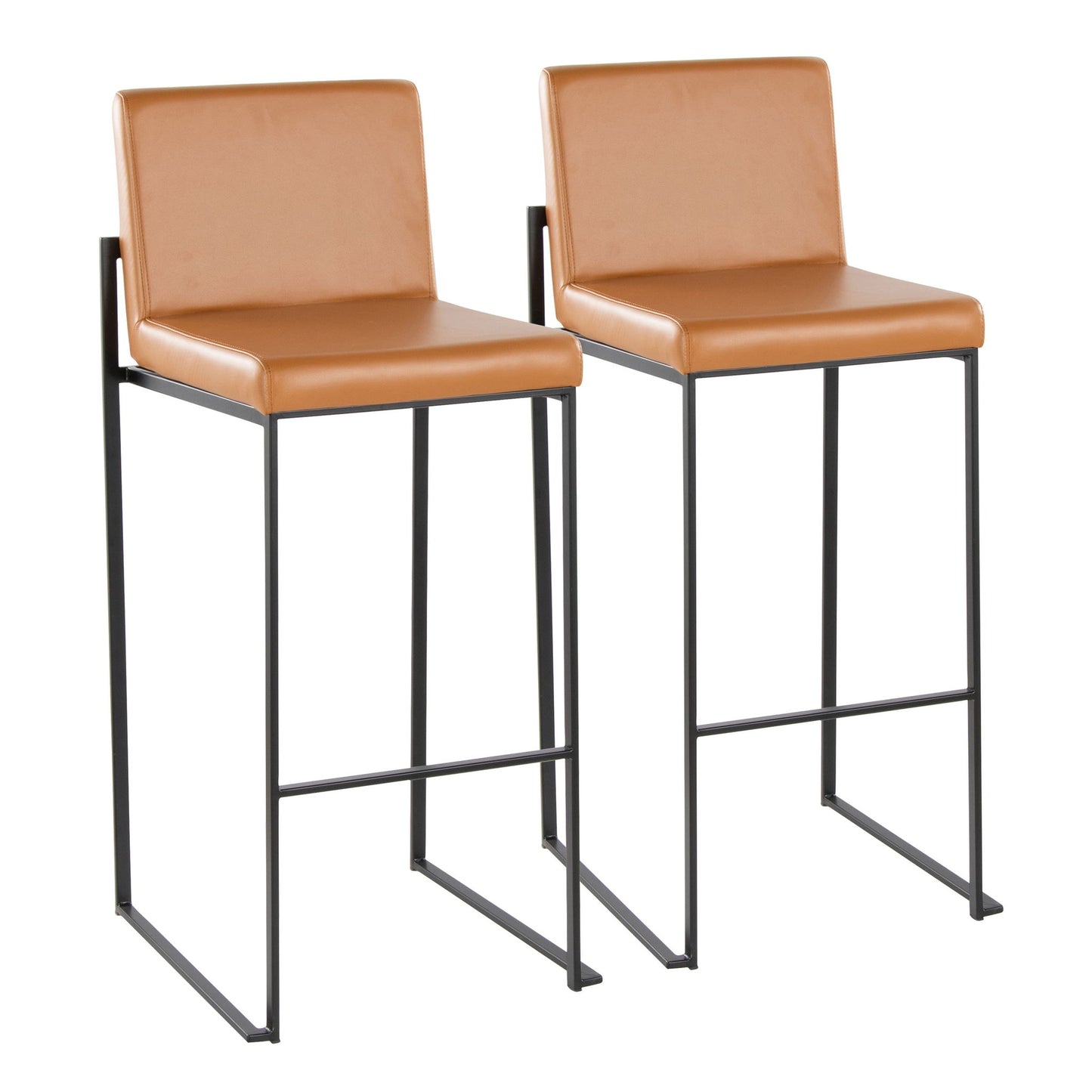 The Fuji barstools feature a contemporary high-back design with tan leather seats and backs, set on sleek black metal frames with footrests for an elegant, minimalist look.