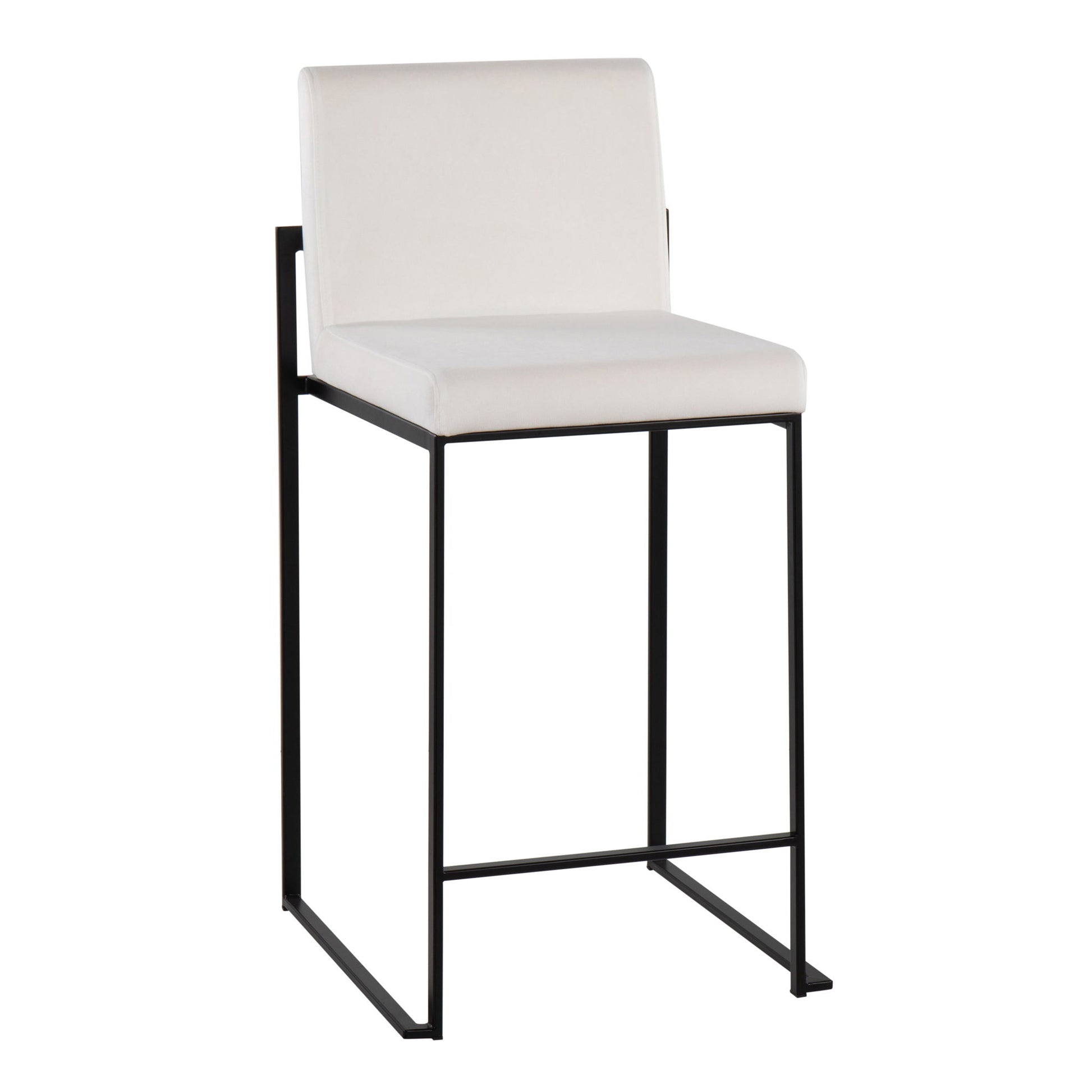 The Fuji - Contemporary Modern Elegance High Back Counter Stool features a white cushioned seat and backrest on a sleek black metal frame with a minimalist footrest.