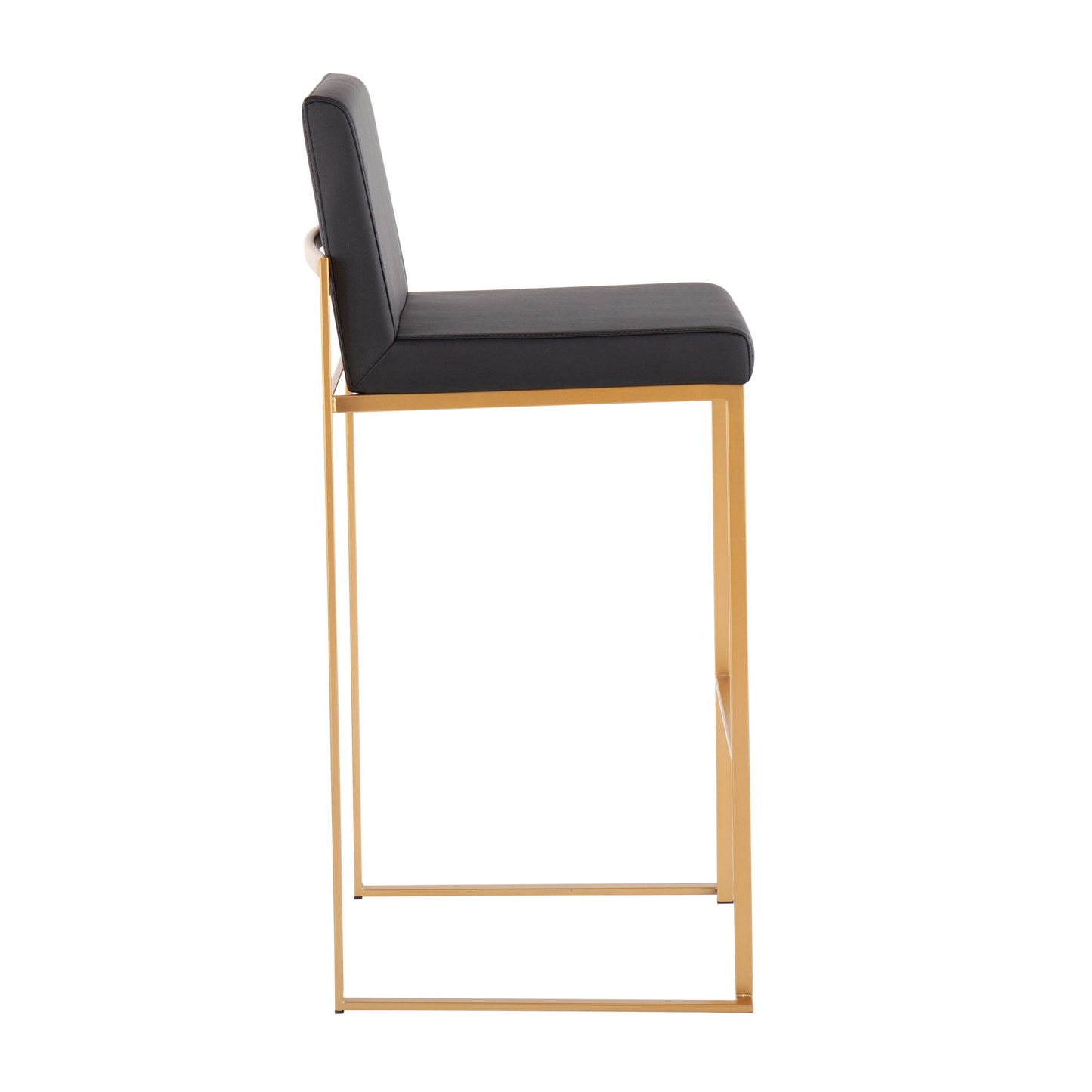 The Fuji - Contemporary Design High Back Barstool (Set of 2) features a gold metal frame with a black cushioned seat and backrest, displayed in side profile against a white background.