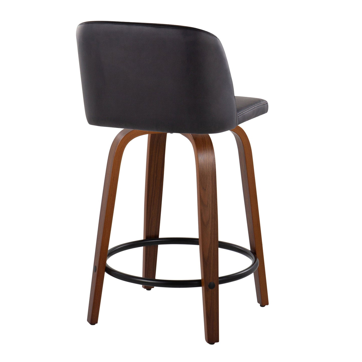 The Toriano Mid Century Modern Counter Stool set features a fixed height, curved dark upholstered backrest, walnut wooden legs, and a swivel round black metal footrest ring, shown from a rear side angle against a white background.