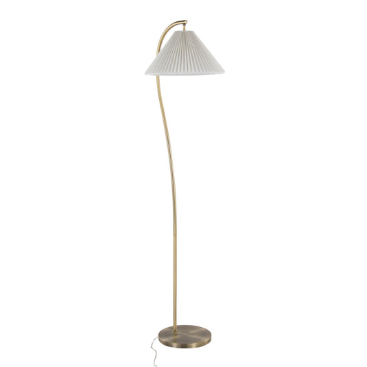 The Cassis Glam / Art Deco Floor Lamp features a gold curved stand, round flat base, white pleated cone lampshade, and an electrical cord extending from the base.