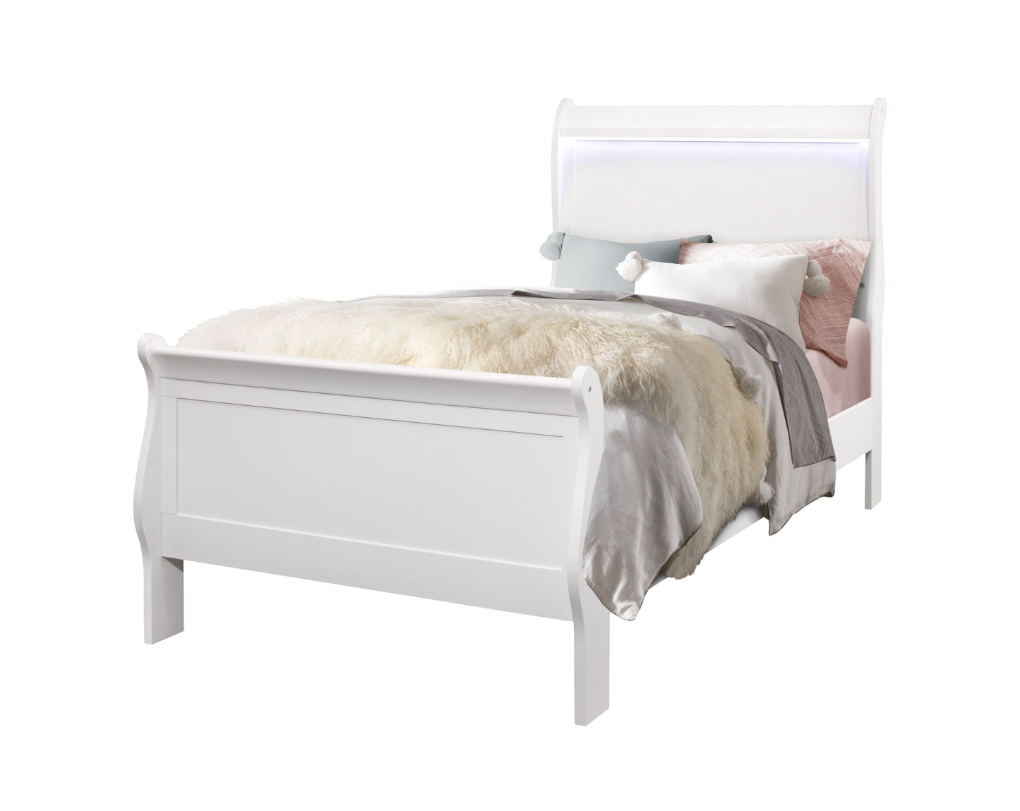 The Charlston - Bed With LED features a white wooden frame, padded headboard, and is styled with gray, white, and pink bedding, pillows, plus a fluffy cream throw blanket on top.