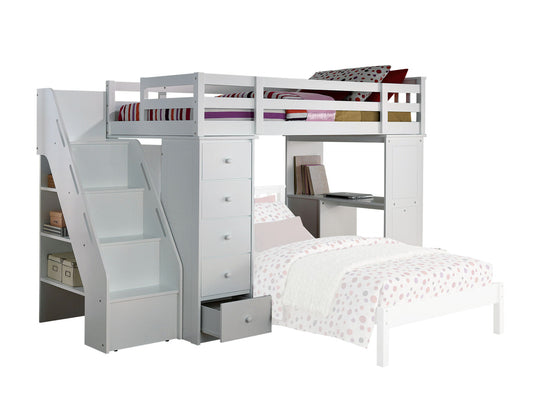 The Freya Twin Loft Bed With Storage in white features a left-side staircase, built-in shelves and drawers, and an integrated desk underneath. Books and decor are displayed on the shelves and desk. The lower twin bed is not included.