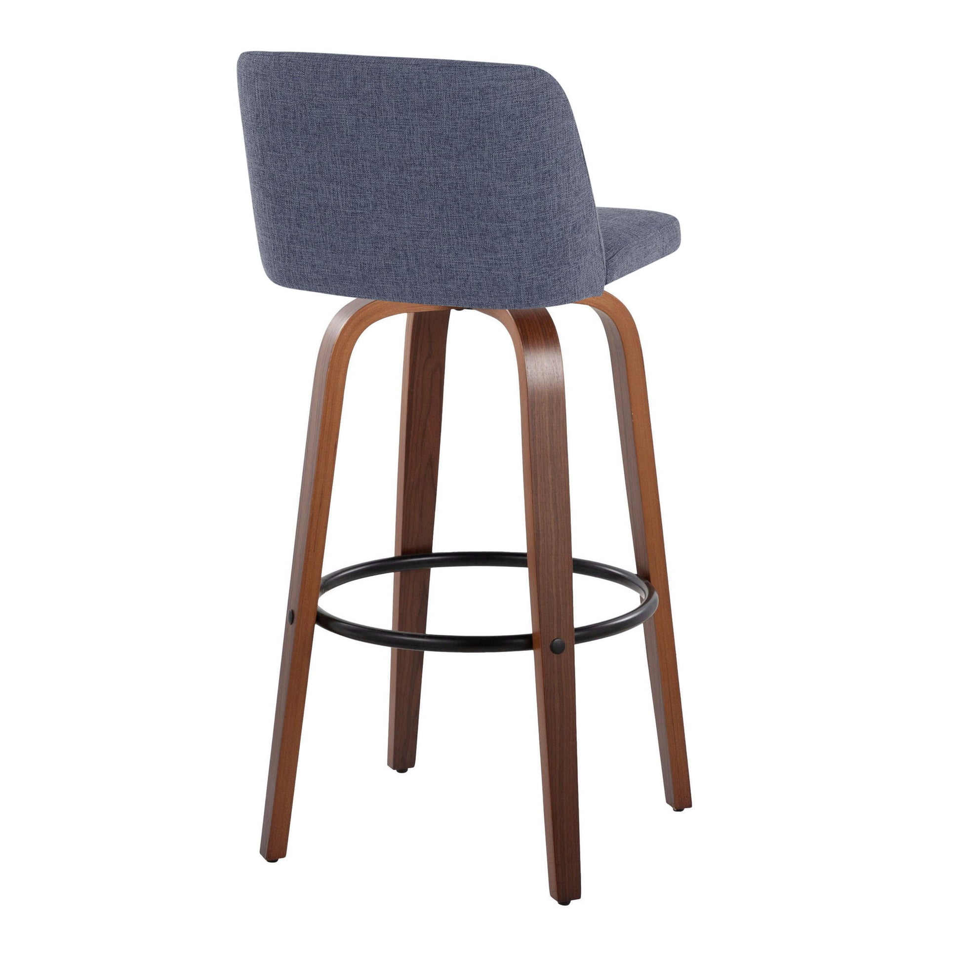The Toriano Mid Century Modern Barstool set features blue upholstered backrests and seats, curved wooden legs, and black round metal footrests. Shown from an angled rear view.