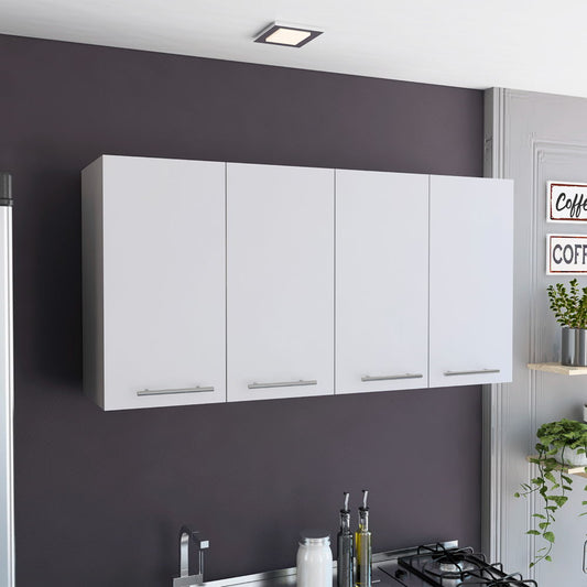 A modern kitchen showcases a matte dark wall with a Wall Cabinet Four Doors, With Two Internal Shelves And Internal Plate And Glass Organizer - White. Below are kitchen items and a gas stove, with decor and plants displayed nearby.