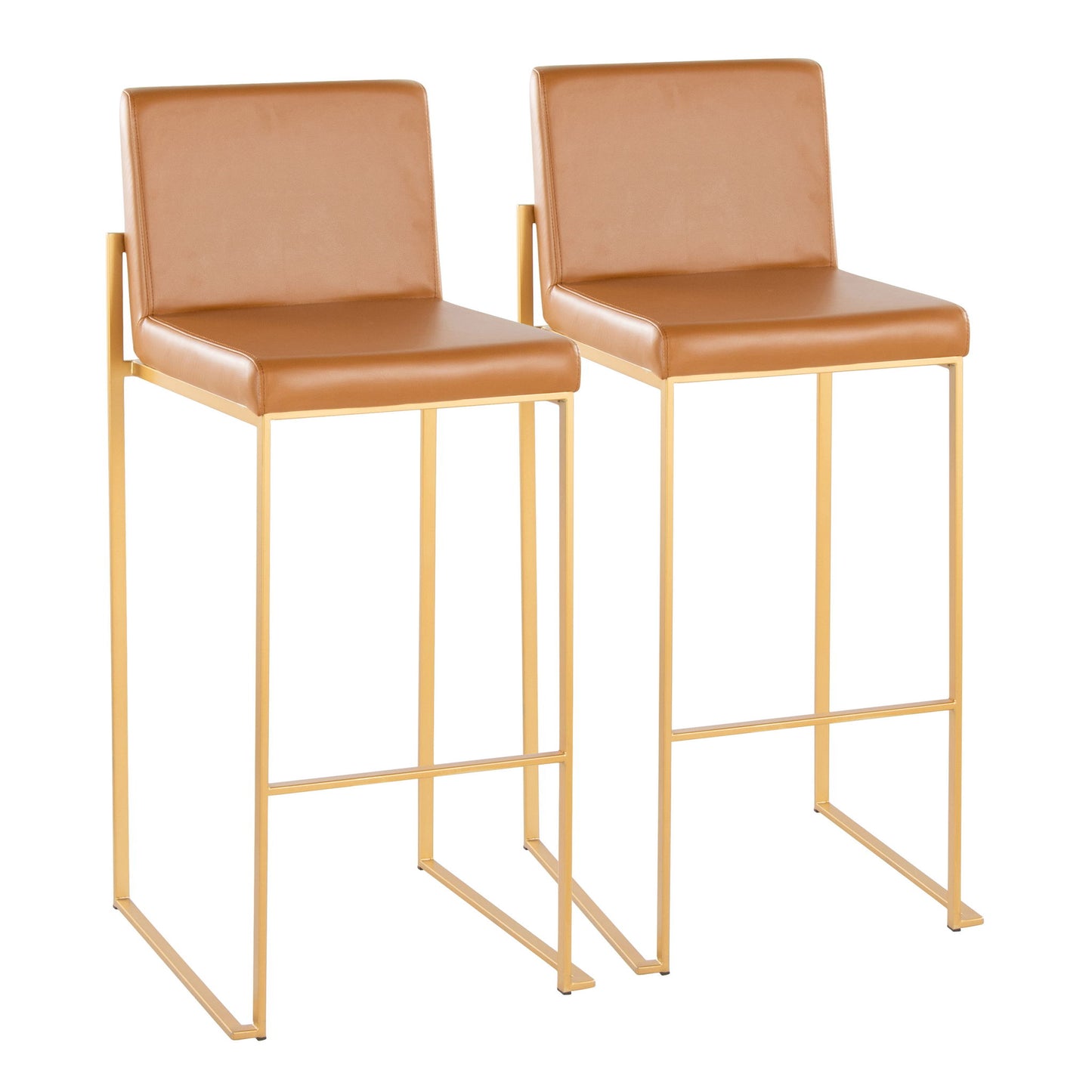 The Fuji Contemporary Design High Back Barstool (Set of 2) features slim gold metal legs, square footrests, and modern tan leather seats and backs.