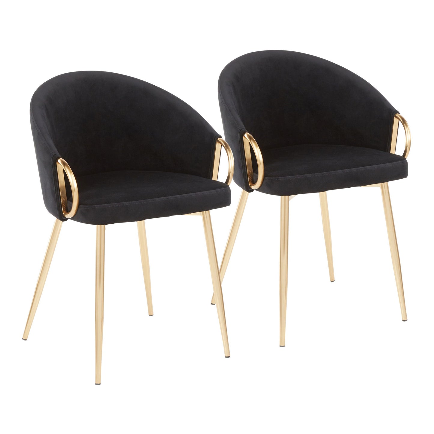 Two Claire - Contemporary Glam Chairs with black, curved backs and seats, plus gold metal legs and armrests, are placed side by side against a white background.