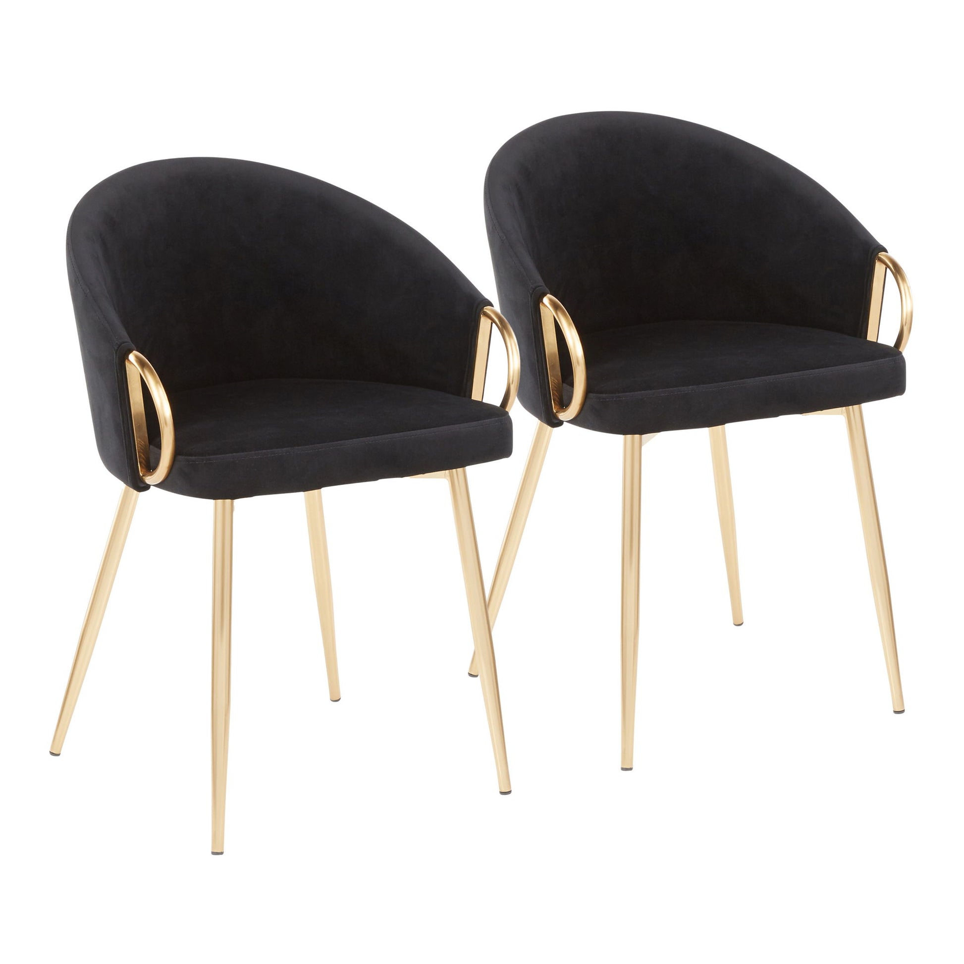 Two Claire - Contemporary Glam Chairs with black, curved backs and seats, plus gold metal legs and armrests, are placed side by side against a white background.