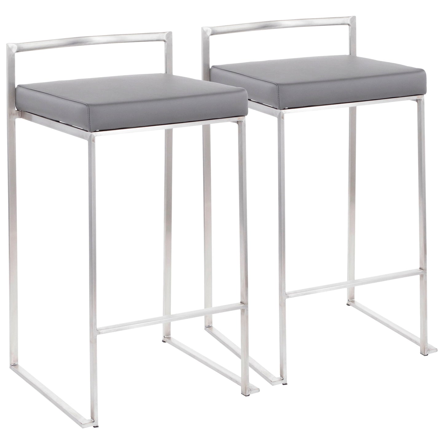 The Fuji Contemporary Elegant Stackable Counter Stool Set includes two modern stools with sleek silver metal frames, minimalist square gray cushioned seats, low backrests, and footrest bars at the base.